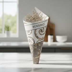 Cono di Carta Bianco con Elegante Motivo a Vortice, Adatto per Imballaggio Regalo o Esposizione, Personalizzabile con Logo