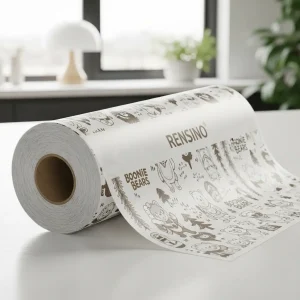Tubo de papel blanco con patrón de oso y bosque, adecuado para embalaje de regalos o venta al por menor