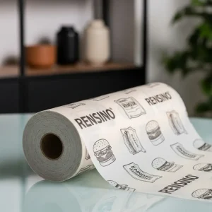 Tubo de papel blanco con patrón de comida rápida, adecuado para empaques de regalo o retail, diseño personalizable