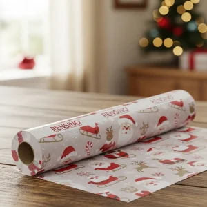 Papier cadeau blanc avec motif de Noël de Santa et renne, design personnalisé disponible