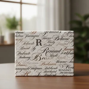 Scatola di carta rigida bianca con elegante motivo calligrafico, adatta per imballaggio regalo, cosmetico o al dettaglio