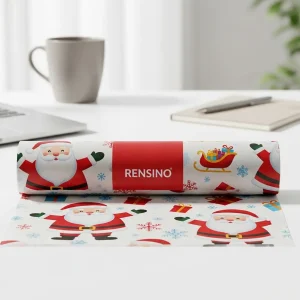 Red Gift Wrap Paper with Santa Claus and Snowflake Pattern, Suitable for Holiday Packaging