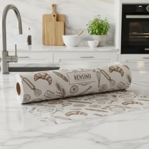 Rouleau de papier kraft blanc avec motif de boulangerie, adapté pour l'emballage cadeau ou de vente au détail, personnalisable avec service OEM/ODM