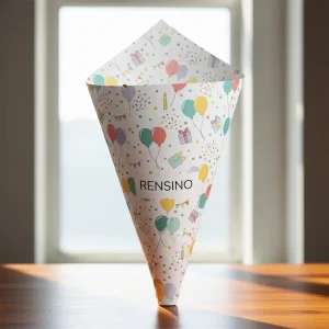 Emballage en papier en forme de cône coloré avec motif de célébration, adapté pour l'emballage de cadeaux ou de vente au détail