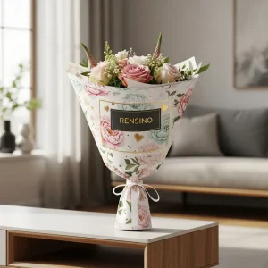 Emballage en papier floral coloré avec étiquette Rensino, adapté pour l'emballage de cadeaux et de vente au détail, design personnalisable
