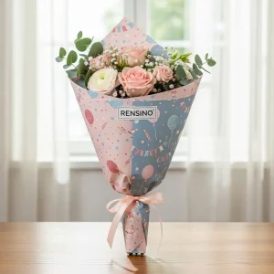 Carta da regalo a cono con motivo di palloncini rosa e blu, adatta per composizioni floreali e imballaggio regalo, stampa personalizzata disponibile