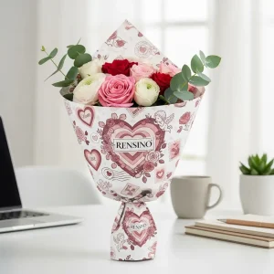 Carta da regalo con motivo a cuore rosa con logo Rensino, adatta per incartare e presentare regali, design personalizzato disponibile