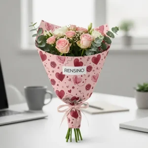 Carta da regalo con motivo a cuori rosa e nastro, adatta per imballaggio floreale o regalo, design personalizzato disponibile
