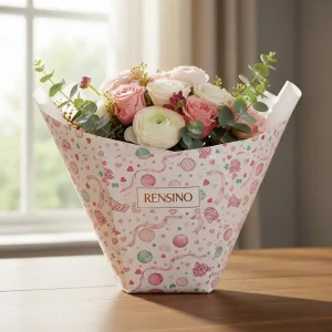 Sacchetto regalo di carta rosa con motivo di pallina di filato, adatto per imballaggio regalo o al dettaglio, personalizzabile dalla fabbrica RENSINO