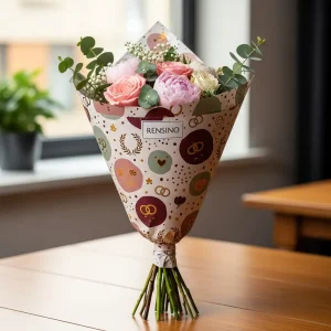 Emballage de bouquet en papier coloré avec motif de cœur et d'anneau, adapté pour des cadeaux et des arrangements floraux, personnalisation directe d'usine