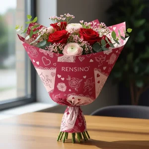 Red Gift Wrap with Heart and Rose Pattern, Custom Design Available