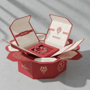 Red Hexagonal Gift Box with Interior Display, Customizable for Jewelry or Special Gifts