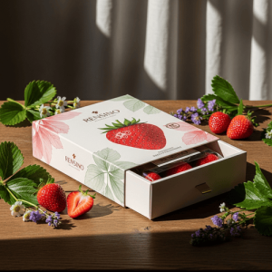 Boîte cadeau blanche avec motif de fraise, design personnalisé disponible
