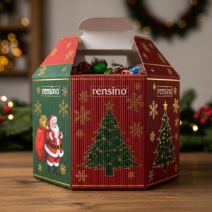 Scatola Regalo Rossa con Motivo di Albero di Natale e Babbo Natale, Personalizzabile per Imballaggio Festivo