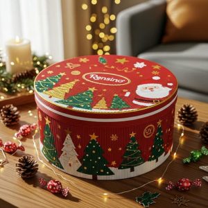 Scatola di Carta Circolare Rossa con Motivo di Albero di Natale e Babbo Natale, Adatta per Regali e Imballaggi al Dettaglio
