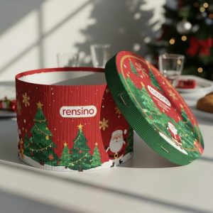Scatola Regalo Circolare Rossa con Motivo di Albero di Natale e Babbo Natale, Design Personalizzato Disponibile