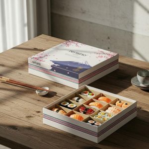 White Gift Box with Sushi Illustration, Suitable for Food Packaging and Custom Design