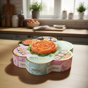 Bunte runde Geschenkbox mit Blumen- und Sushi-Muster, geeignet für Lebensmittel- und Geschenkverpackungen, individuelles Design verfügbar