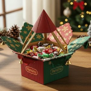 Scatola regalo di carta rossa e verde con coperchio e alette decorative, adatta per confezioni festive o vendita al dettaglio