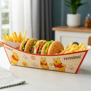 Bandeja de Papel Branco com Design de Urso de Desenho Animado, Adequada para Fast Food e Exibição no Varejo, Impressão Personalizada Disponível
