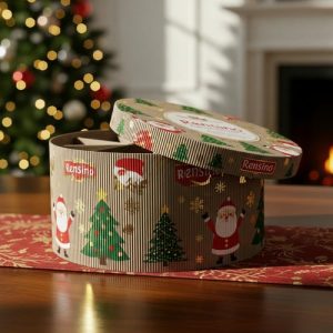 Runde Papiergeschenkschachtel mit Weihnachtsmann- und Weihnachtsbaum-Muster, anpassbar für Feiertagverpackungen