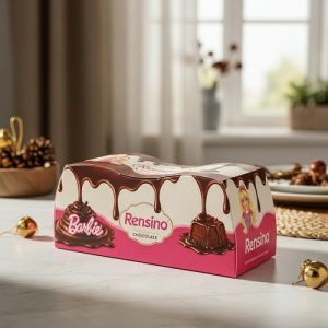 Boîte cadeau en papier rose avec un motif de chocolat et illustration de Barbie, adaptée pour la vente au détail ou l'emballage cadeau