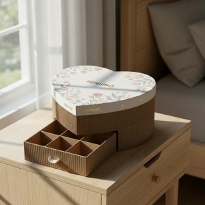 भूरे रंग का दिल के आकार का उपहार बॉक्स फूलों के पैटर्न के साथ, गहनों या कॉस्मेटिक पैकेजिंग के लिए उपयुक्त