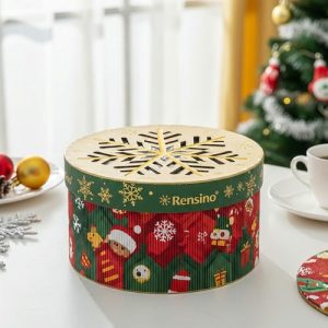 Runde, weihnachtlich gestaltete Papiergeschenkbox mit Schneeflockenmuster, individuelles Design verfügbar