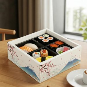White Gift Box with Cherry Blossom and Mount Fuji Pattern, Suitable for Sushi or Food Packaging, Custom Design Available