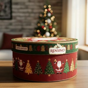 Scatola Regalo Circolare Rossa con Motivo di Albero di Natale e Babbo Natale, Personalizzabile per Imballaggio Festivo