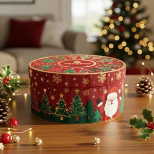 Scatola Regalo Circolare Rossa con Motivo di Albero di Natale e Babbo Natale, Design Personalizzato Disponibile