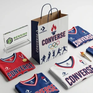 Bolsa de papel azul y blanca con logo y patrón impresos, adecuada para empaque de regalos, venta al por menor o promocional, servicio OEM/ODM disponible