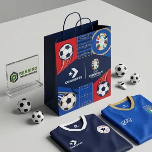 Sac cadeau en papier bleu et rouge avec motif de football, adapté pour les cadeaux, le commerce de détail ou l'emballage d'événements, service OEM/ODM disponible