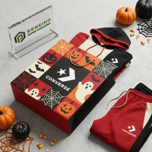 印刷されたCONVERSEテキストとゴースト、コウモリ、カボチャ、クモ、ウェブパターンのカラフルなハロウィンテーマのショッピング紙袋、ギフト、小売、または食品包装に適しており、OEM/ODMサービスが利用可能です