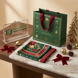 Borsa Regalo Verde e Rossa con Motivo Stampato e Manici in Nastro, Adatta per Regali, Vendita al Dettaglio o Imballaggio Alimentare, Stampa Logo Personalizzata Disponibile