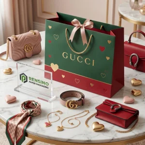 Sacchetto regalo verde e rosso con motivo a cuore e manico a nastro, adatto per regali, vendita al dettaglio o imballaggio cosmetico, design personalizzato disponibile