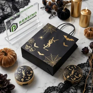 Sac-cadeau en papier noir avec motif d'Halloween doré, adapté pour les cadeaux, le commerce de détail ou l'emballage cosmétique, design personnalisé pris en charge