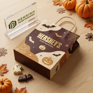 Sacs en papier de shopping sur le thème d'Halloween de Hershey avec des motifs de chauve-souris et de citrouilles imprimés, adaptés pour les cadeaux, le commerce de détail, l'emballage alimentaire ou cosmétique, service OEM/ODM disponible