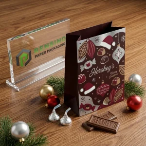 Christmas Holiday Paper Bag with Printed Christmas Elements and Hershey’s Logo, Suitable for Gift, Retail, Food, or Cosmetic Packaging, OEM/ODM Service Available