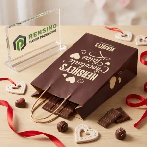 Braune Geschenktüte mit bedrucktem HERSHEYS-Text und Herzmuster, geeignet für Geschenke, Lebensmittel oder Einzelhandelsverpackungen, OEM/ODM-Service verfügbar