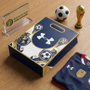 サッカーとワールドカップパターンの青いショッピング紙袋、ギフト、小売、食品、またはブランド包装に適しており、OEM/ODMサービスが利用可能です