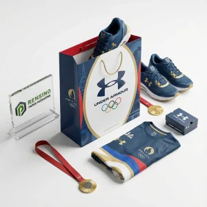Bolsa de papel azul y blanca con logo impreso de Under Armour y anillos olímpicos, adecuada para ropa o empaques de regalo, impresión de logo personalizada disponible