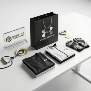 Sac en papier noir avec texte stylisé imprimé en argent et logo, adapté pour l'emballage de vêtements, conception personnalisée disponible