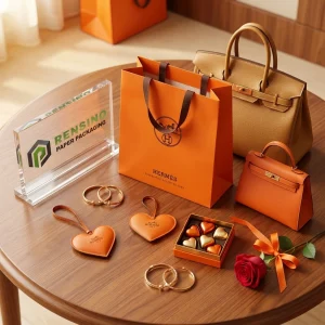 Bolsa de papel naranja con asas y logo impreso, adecuada para empaques de regalo o venta al por menor, servicio OEM/ODM disponible