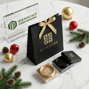 GIVENCHY Black Paper Bag with Gold Foil Logo and Satin Ribbon Bow, Suitable for Gift or Cosmetic Packaging, Custom Logo Printing Available
