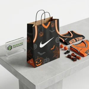 काले और नारंगी हैलोवीन-थीम वाले पेपर गिफ्ट बैग में नाइके स्पोर्ट्सवियर टी-शर्ट और एक्सेसरीज़