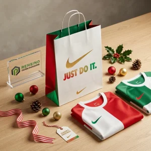 Sacchetto regalo in carta bianca e verde con logo Nike e testo stampato JUST DO IT, adatto per regali, vendita al dettaglio o imballaggio alimentare, servizio OEM/ODM disponibile