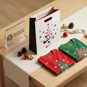 Sacchetto Regalo di Carta Bianco e Rosso con Motivo Albero di Natale e Fiocco di Neve, Adatto per Regali, Vendita al Dettaglio o Imballaggio Alimentare, Design Personalizzato Disponibile