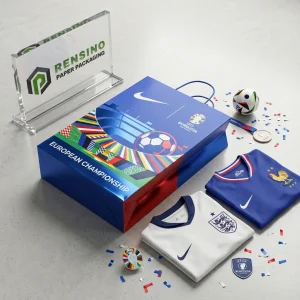 印刷されたEUROPEAN CHAMPIONSHIPとサッカーパターンの青いショッピング紙袋、ギフト、小売、または食品包装に適しており、OEM/ODMサービスが利用可能です