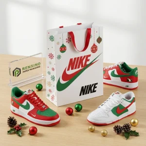 Sac en papier blanc avec logo Nike rouge et vert et motif de Noël, adapté pour les emballages de cadeaux, de vente au détail ou alimentaires, service OEM/ODM disponible